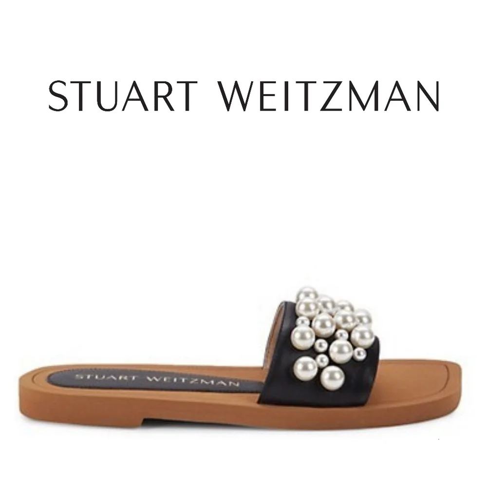 Stuart Weitzman Goldie Faux Pearl-Studded Leather Slides Size 9 Authentic - Picture 5 of 9
